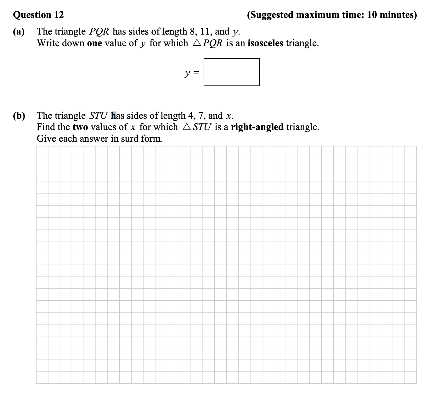 The-triangle-PQR-has-sides-of-length-8,-11,-and-y-Junior Cycle Mathematics-Question 12-2015.png
