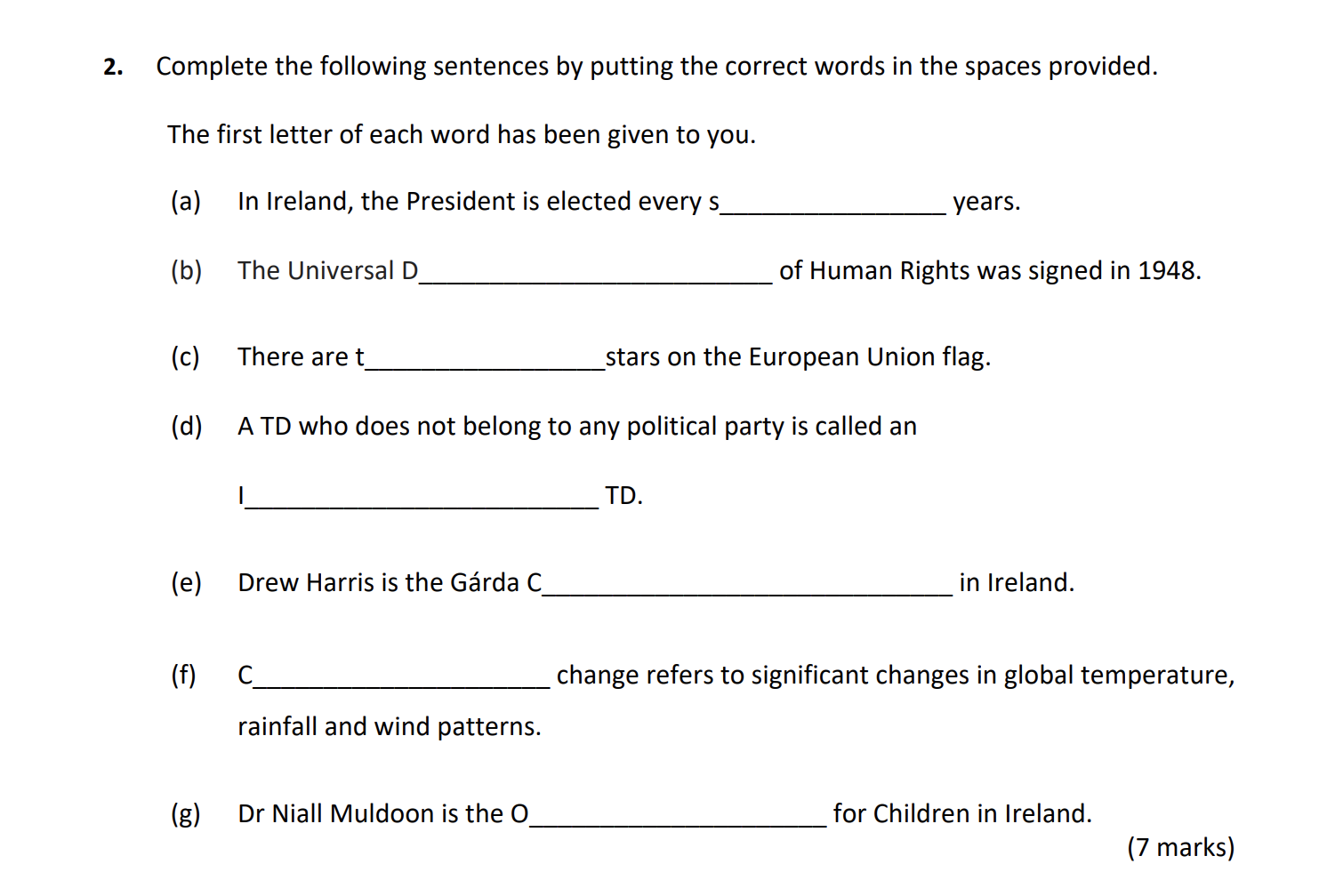 Complete-the-following-sentences-by-putting-the-correct-words-in-the-spaces-provided-Junior Cycle CSPE-Question 2-2019.png