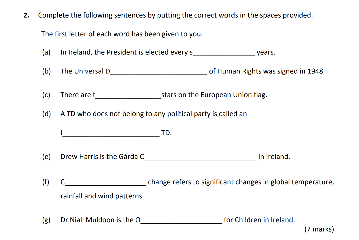 Complete-the-following-sentences-by-putting-the-correct-words-in-the-spaces-provided-Junior Cycle CSPE-Question 2-2019.png