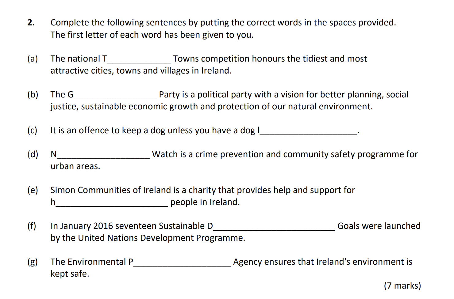 Complete-the-following-sentences-by-putting-the-correct-words-in-the-spaces-provided-Junior Cycle CSPE-Question 2-2018.png