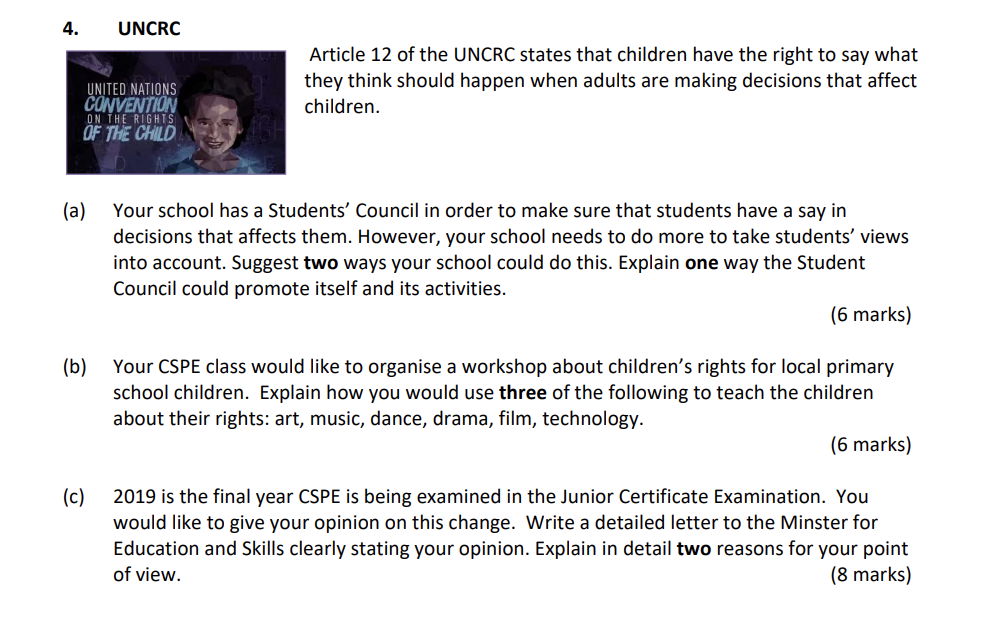 Article-12-of-the-UNCRC-states-that-children-have-the-right-to-say-what-they-think-should-happen-when-adults-are-making-decisions-that-affect-children-Junior Cycle CSPE-Question 4-2019.png