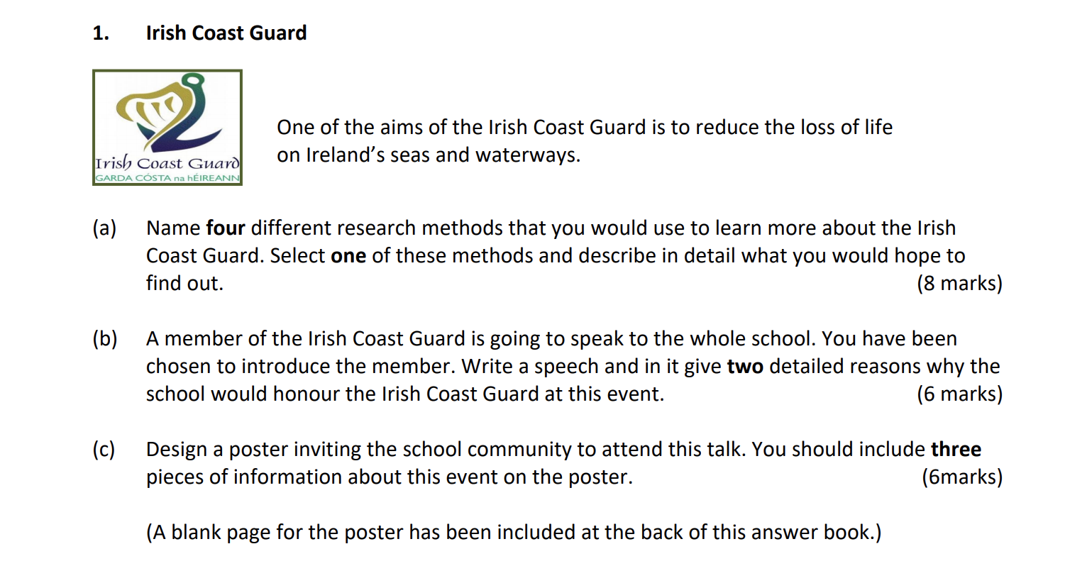 Irish-Coast-Guard--One-of-the-aims-of-the-Irish-Coast-Guard-is-to-reduce-the-loss-of-life-on-Ireland's-seas-and-waterways-Junior Cycle CSPE-Question 1-2018.png