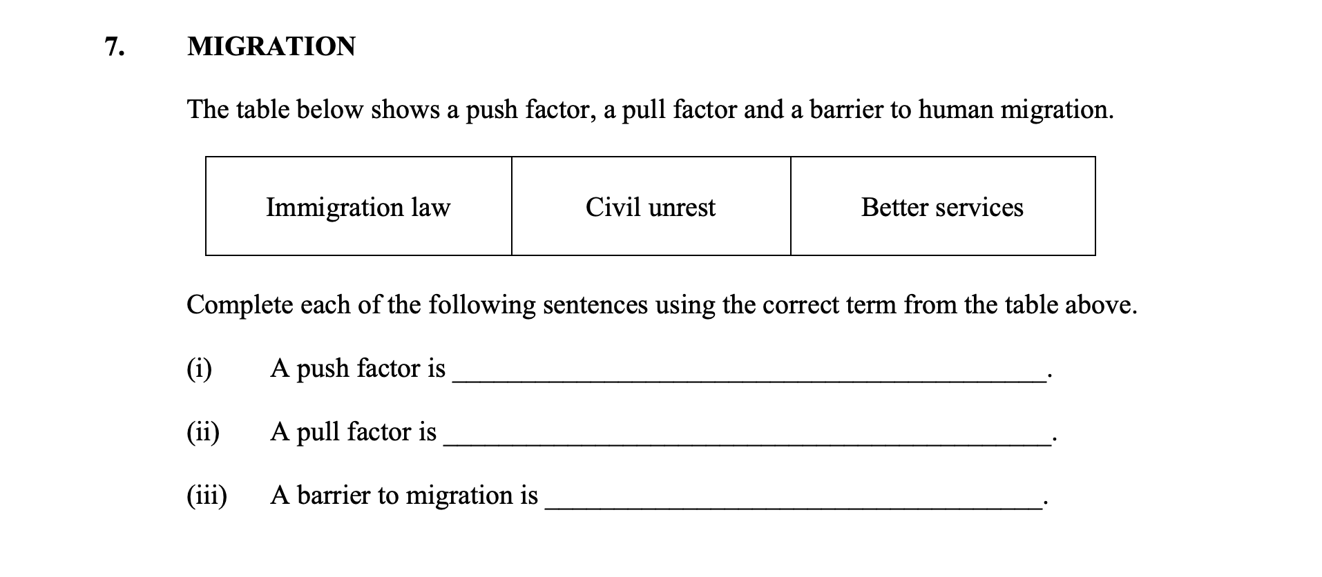 MIGRATION-The-table-below-shows-a-push-factor,-a-pull-factor-and-a-barrier-to-human-migration-Junior Cycle Geography-Question 7-2015.png