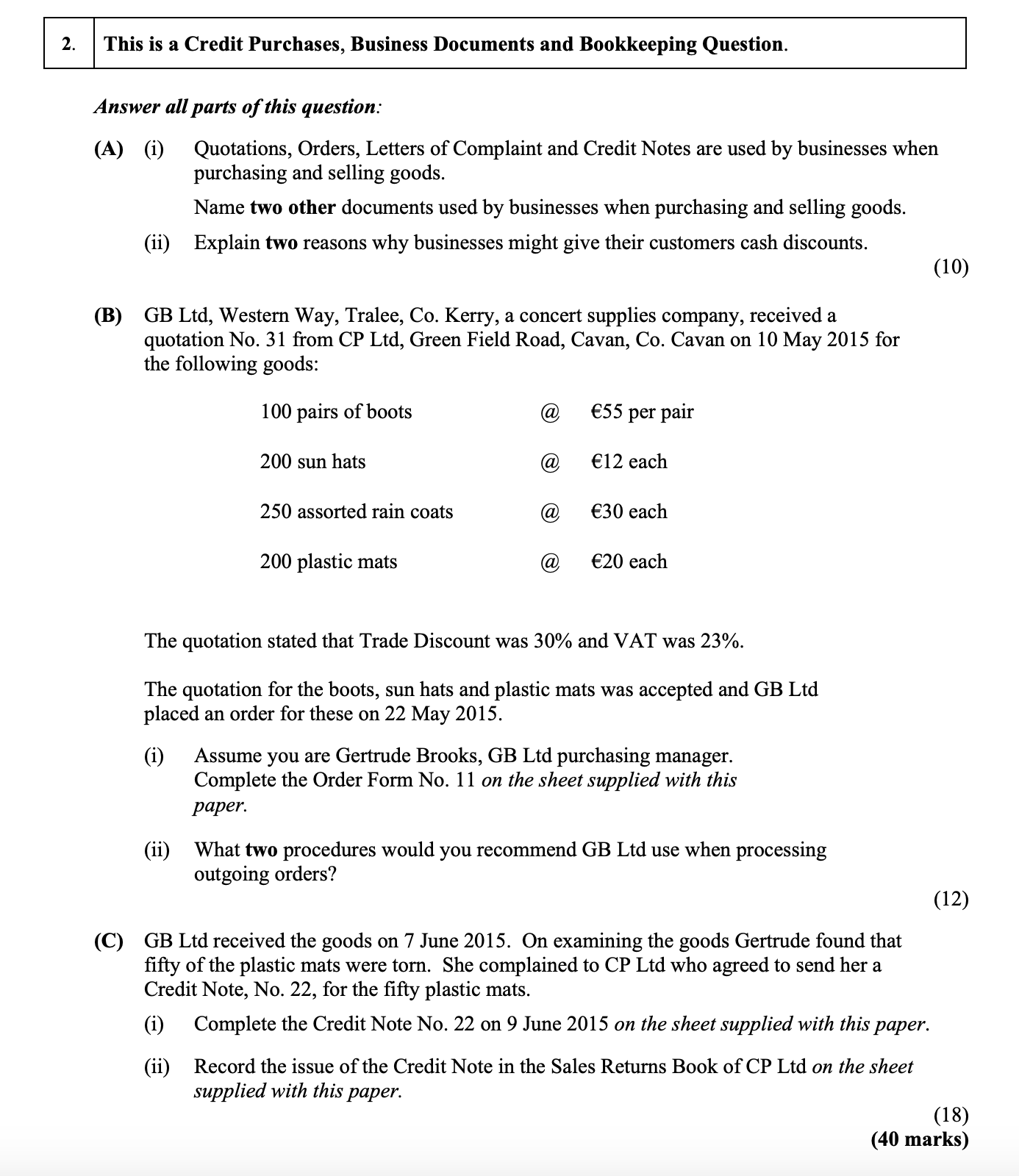 (A)-(i)-Quotations,-Orders,-Letters-of-Complaint-and-Credit-Notes-are-used-by-businesses-when-purchasing-and-selling-goods-Junior Cycle Business Studies-Question 2-2015.png