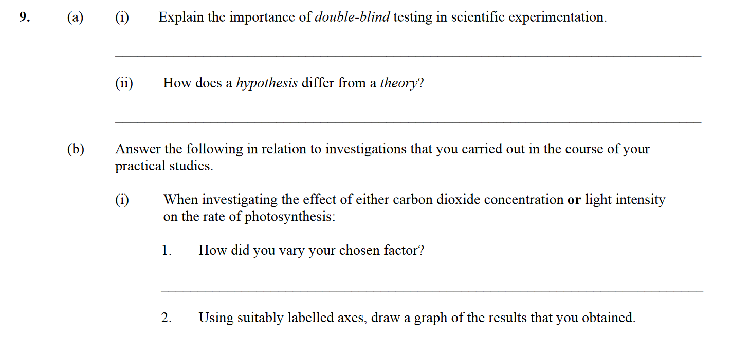 9.-(a)-(i)-Explain-the-importance-of-double-blind-testing-in-scientific-experimentation-Leaving Cert Biology-Question 9-2013.png