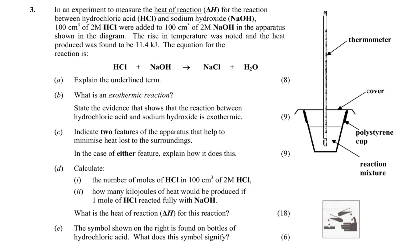 In-an-experiment-to-measure-the-heat-of-reaction-(\Delta-H)-for-the-reaction-between-hydrochloric-acid-(HCl)-and-sodium-hydroxide-(NaOH),-100-cm³-of-2M-HCl-were-added-to-100-cm³-of-2M-NaOH-in-the-apparatus-shown-in-the-diagram-Leaving Cert Chemistry-Question 3-2012.png
