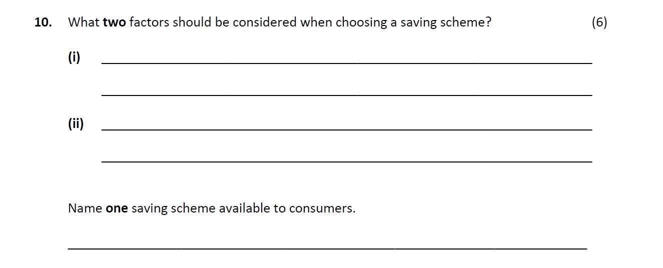 What-two-factors-should-be-considered-when-choosing-a-saving-scheme?---(i)---(ii)----Name-one-saving-scheme-available-to-consumers.-Leaving Cert Home Economics-Question 10-2019.png