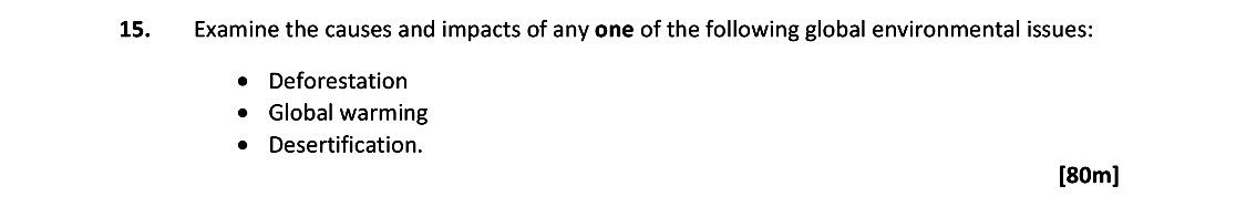 Examine-the-causes-and-impacts-of-any-one-of-the-following-global-environmental-issues:----Deforestation---Global-warming---Desertification.-Leaving Cert Geography-Question 15-2019.png