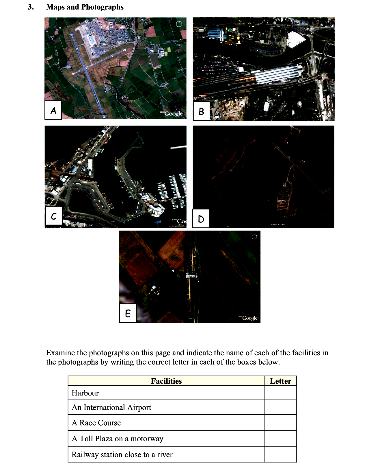 Examine-the-photographs-on-this-page-and-indicate-the-name-of-each-of-the-facilities-in-the-photographs-by-writing-the-correct-letter-in-each-of-the-boxes-below-Leaving Cert Geography-Question 3-2009.png