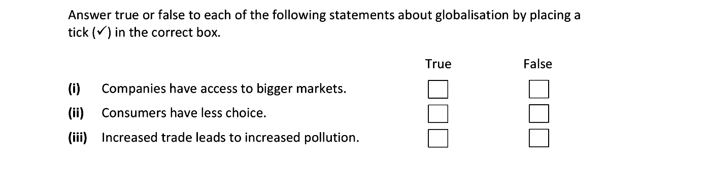 Answer-true-or-false-to-each-of-the-following-statements-about-globalisation-by-placing-a-tick-(✔)-in-the-correct-box-Junior Cycle Business Studies-Question Question 1-2019.png