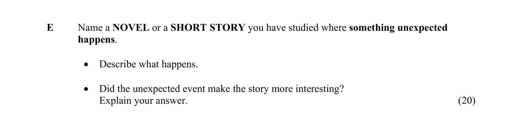 Name-a-NOVEL-or-a-SHORT-STORY-you-have-studied-where-something-unexpected-happens-Junior Cycle English-Question E-2013.png