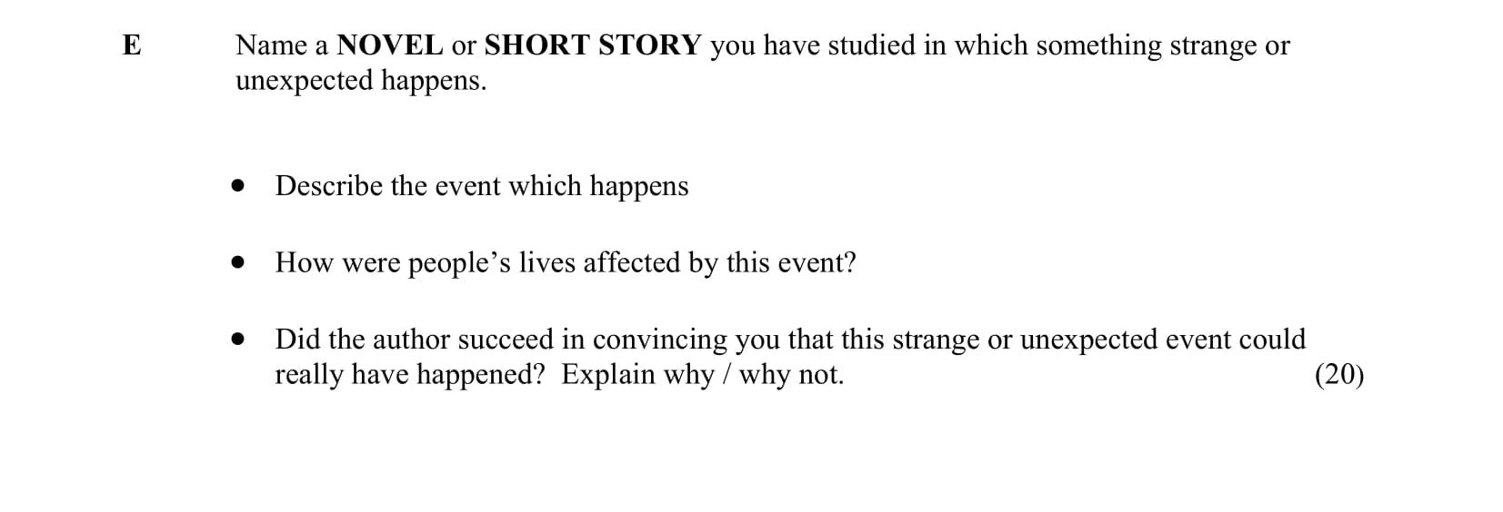 Name-a-NOVEL-or-SHORT-STORY-you-have-studied-in-which-something-strange-or-unexpected-happens-Junior Cycle English-Question E-2008.png