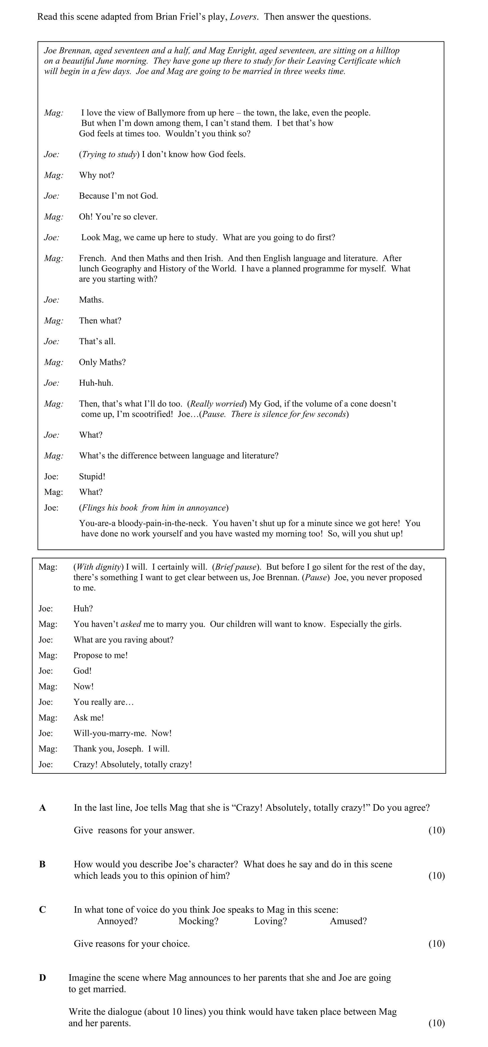 In-the-last-line,-Joe-tells-Mag-that-she-is-"Crazy!-Absolutely,-totally-crazy!"-Do-you-agree?---Give-reasons-for-your-answer-Junior Cycle English-Question A-2005.png