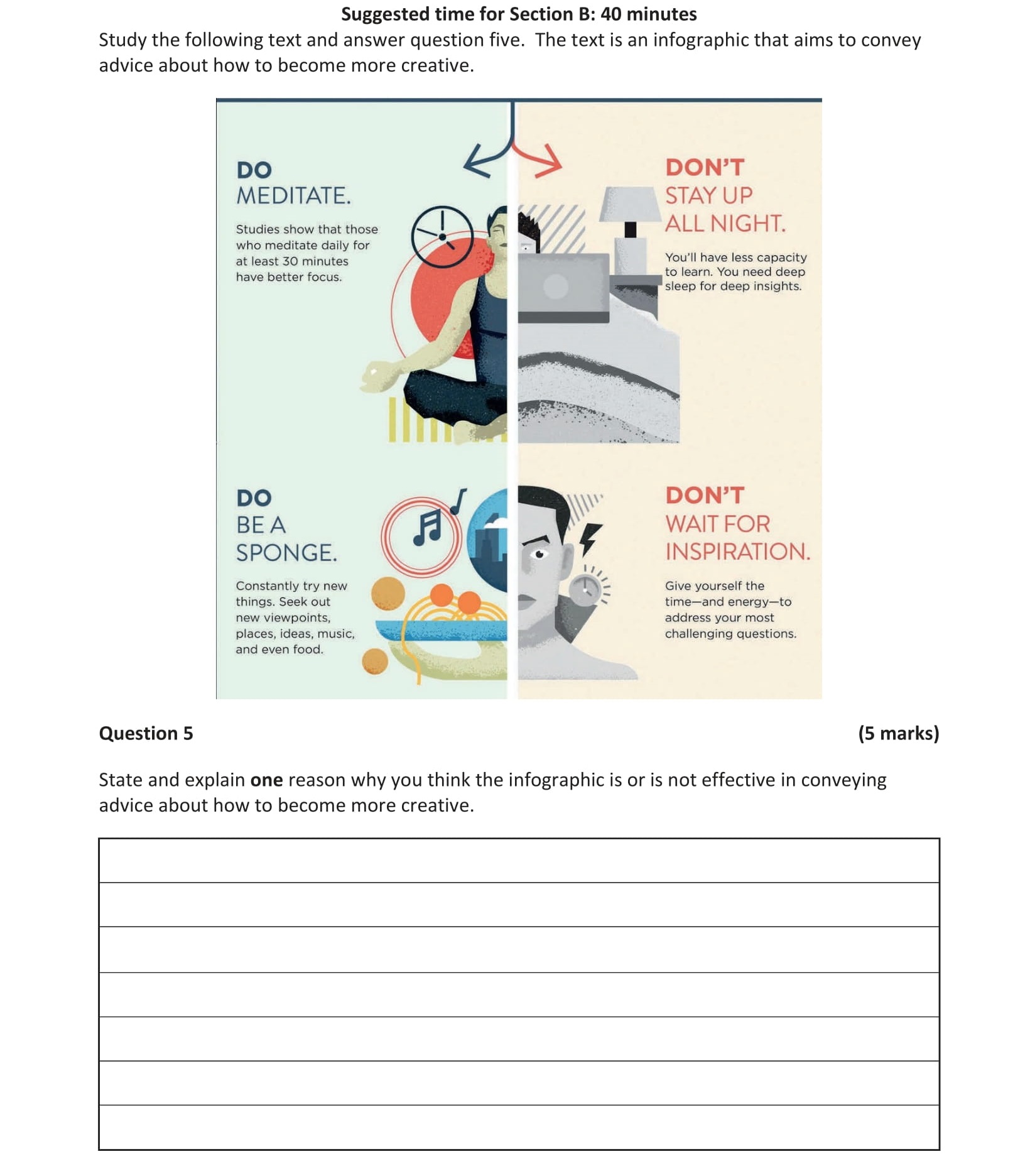 State-and-explain-one-reason-why-you-think-the-infographic-is-or-is-not-effective-in-conveying-advice-about-how-to-become-more-creative-Junior Cycle English-Question 5-2019.png
