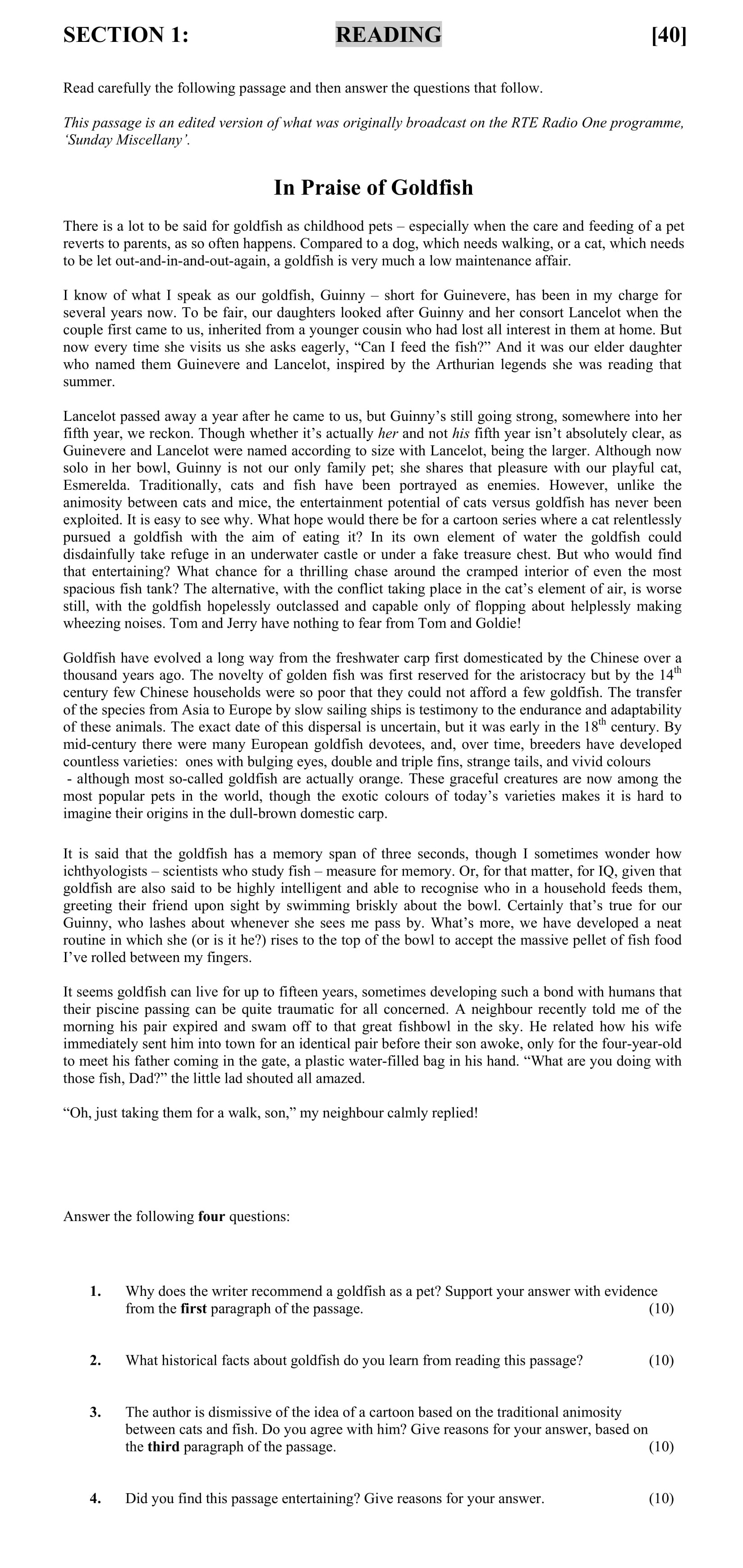 Why-does-the-writer-recommend-a-goldfish-as-a-pet?-Support-your-answer-with-evidence-from-the-first-paragraph-of-the-passage-Junior Cycle English-Question 1-2006.png