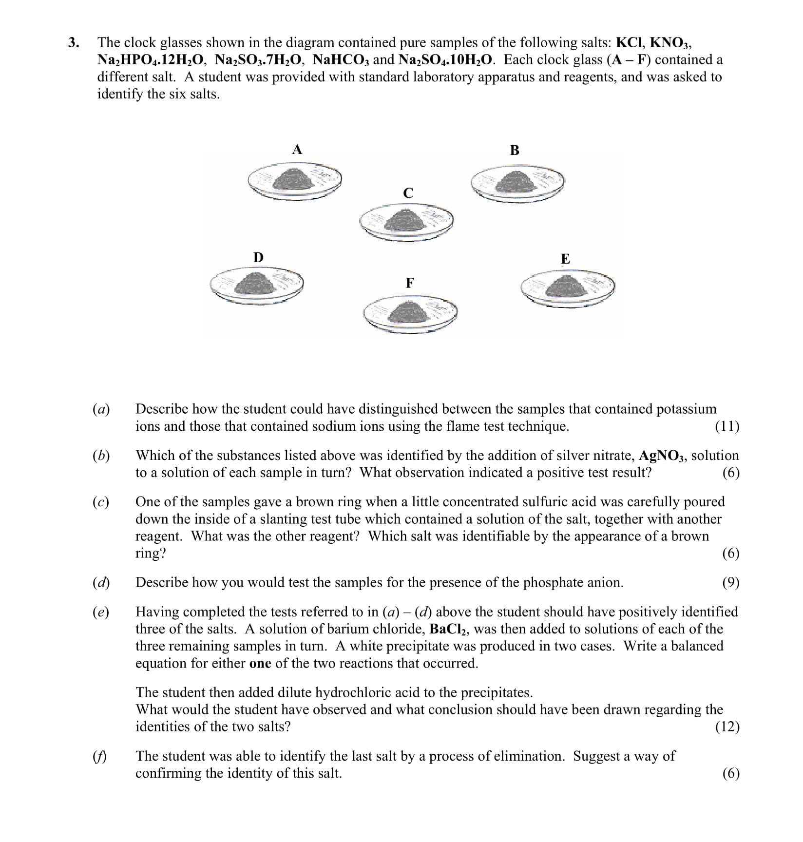 The-clock-glasses-shown-in-the-diagram-contained-pure-samples-of-the-following-salts:-KCl,-KNO₃,-Na₂HPO₄·12H₂O,-Na₂SO₄·7H₂O,-NaHCO₃,-and-Na₂SO₄·10H₂O-Leaving Cert Chemistry-Question 3-2009.png