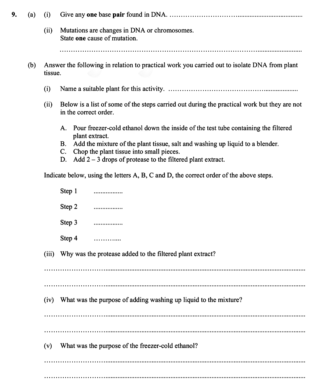 9.-(a)-(i)-Give-any-one-base-pair-found-in-DNA-Leaving Cert Biology-Question 9-2015.png