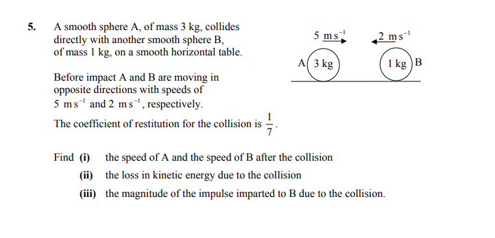 A-smooth-sphere-A,-of-mass-3-kg,-collides-directly-with-another-smooth-sphere-B,-of-mass-1-kg,-on-a-smooth-horizontal-table-Leaving Cert Applied Maths-Question 5-2011.png