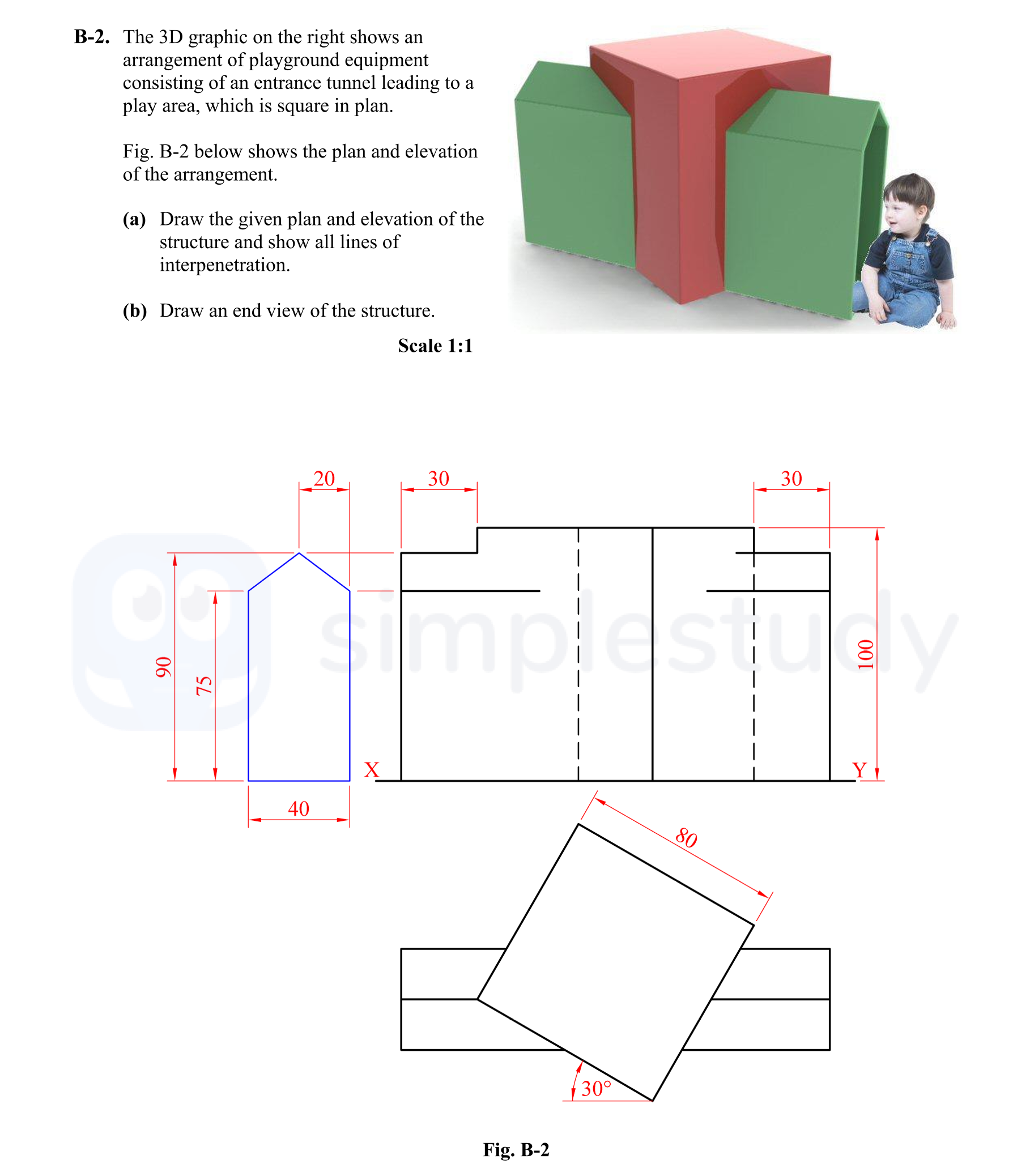 The-3D-graphic-on-the-right-shows-an-arrangement-of-playground-equipment-consisting-of-an-entrance-tunnel-leading-to-a-play-area,-which-is-square-in-plan-Leaving Cert DCG-Question B-2-2011.png