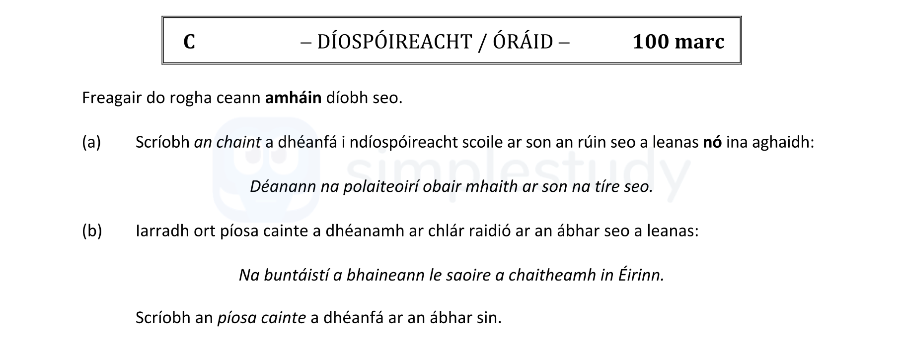Freagair-do-rogha-cean-amháin-diobh-seo-Leaving Cert Irish-Question C-2020.png
