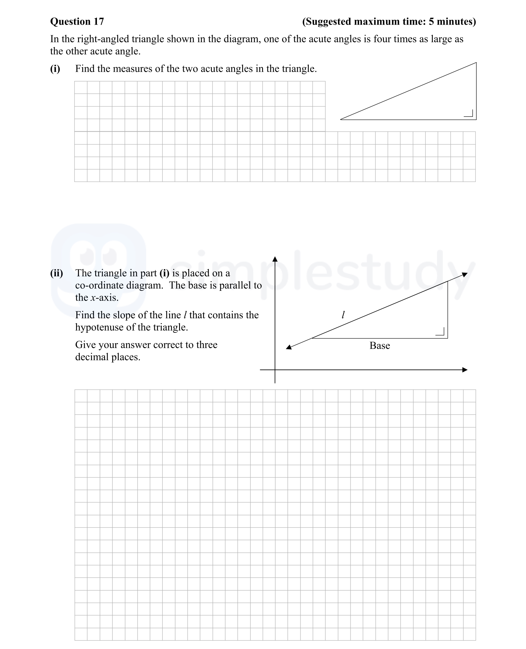 In-the-right-angled-triangle-shown-in-the-diagram,-one-of-the-acute-angles-is-four-times-as-large-as-the-other-acute-angle-Junior Cycle Mathematics-Question 17-2014.png