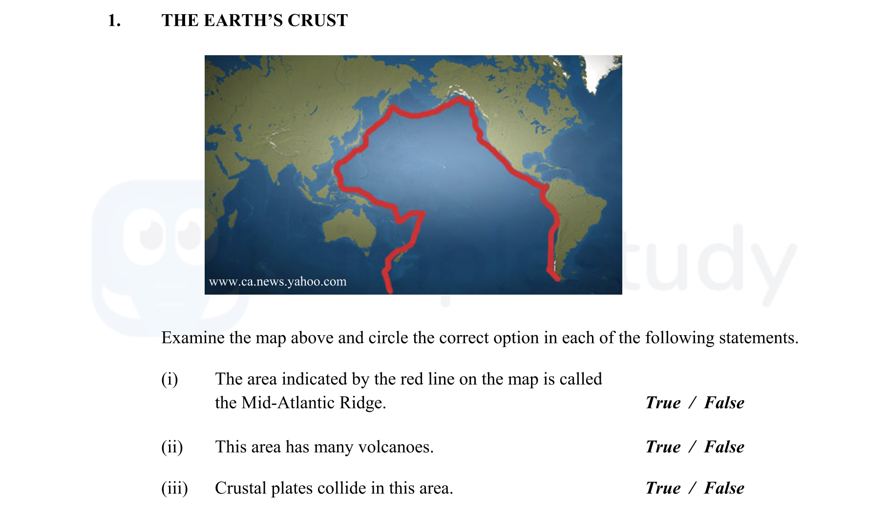 THE-EARTH'S-CRUST--Examine-the-map-above-and-circle-the-correct-option-in-each-of-the-following-statements-Junior Cycle Geography-Question 1-2014.png
