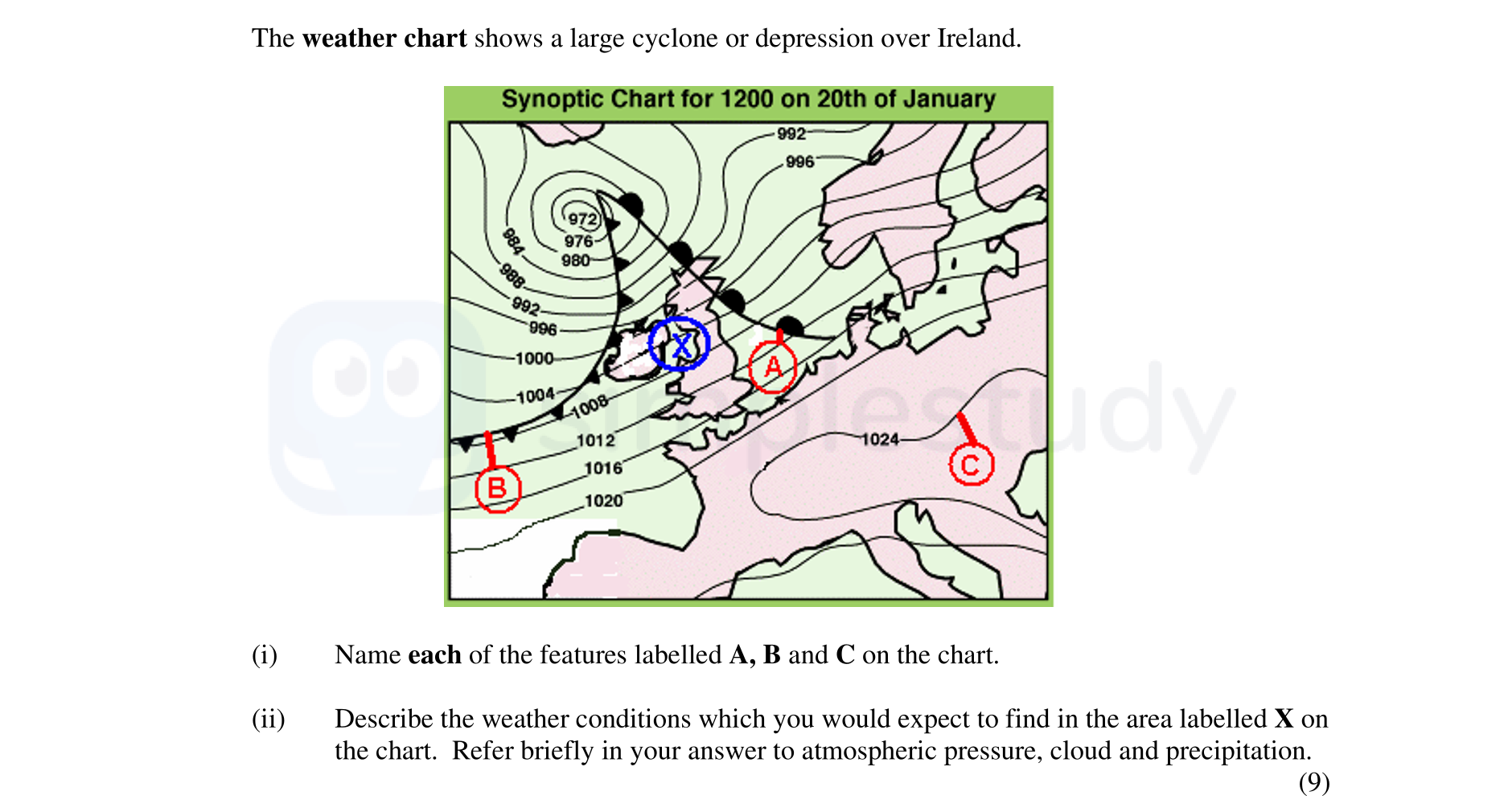 The-weather-chart-shows-a-large-cyclone-or-depression-over-Ireland-Junior Cycle Geography-Question i-2006.png