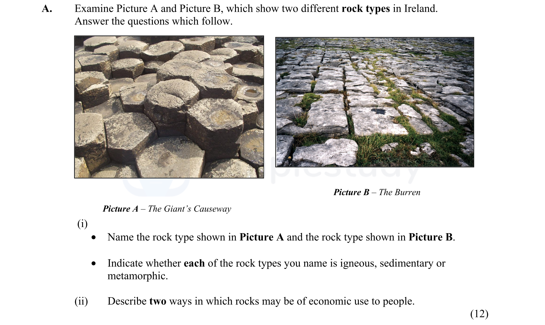 Examine-Picture-A-and-Picture-B,-which-show-two-different-rock-types-in-Ireland-Junior Cycle Geography-Question A-2005.png