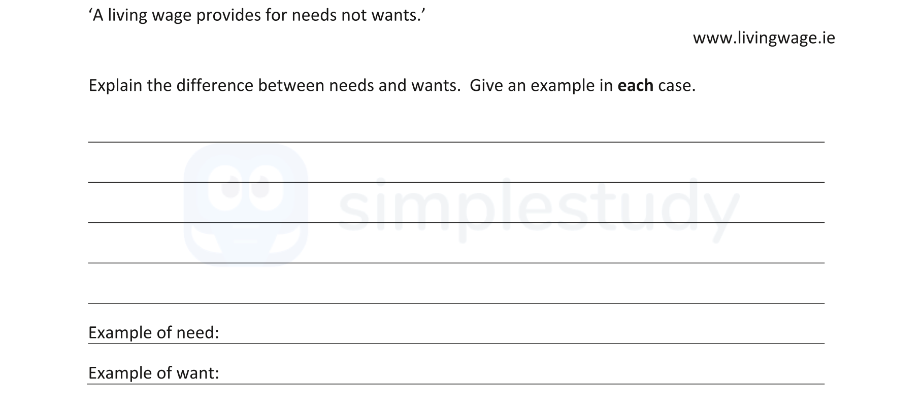 'A-living-wage-provides-for-needs-not-wants.'---www.livingwage.ie---Explain-the-difference-between-needs-and-wants-Junior Cycle Business Studies-Question 3-2019.png
