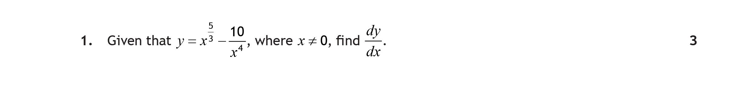Given-that-$y-=--rac{3}{5}-\cdot-\frac{10}{x^2}$,-where-$x-\neq-0$,-find-\(-\frac{dy}{dx}-\).-Scottish Highers Maths-Question 1-2023.png