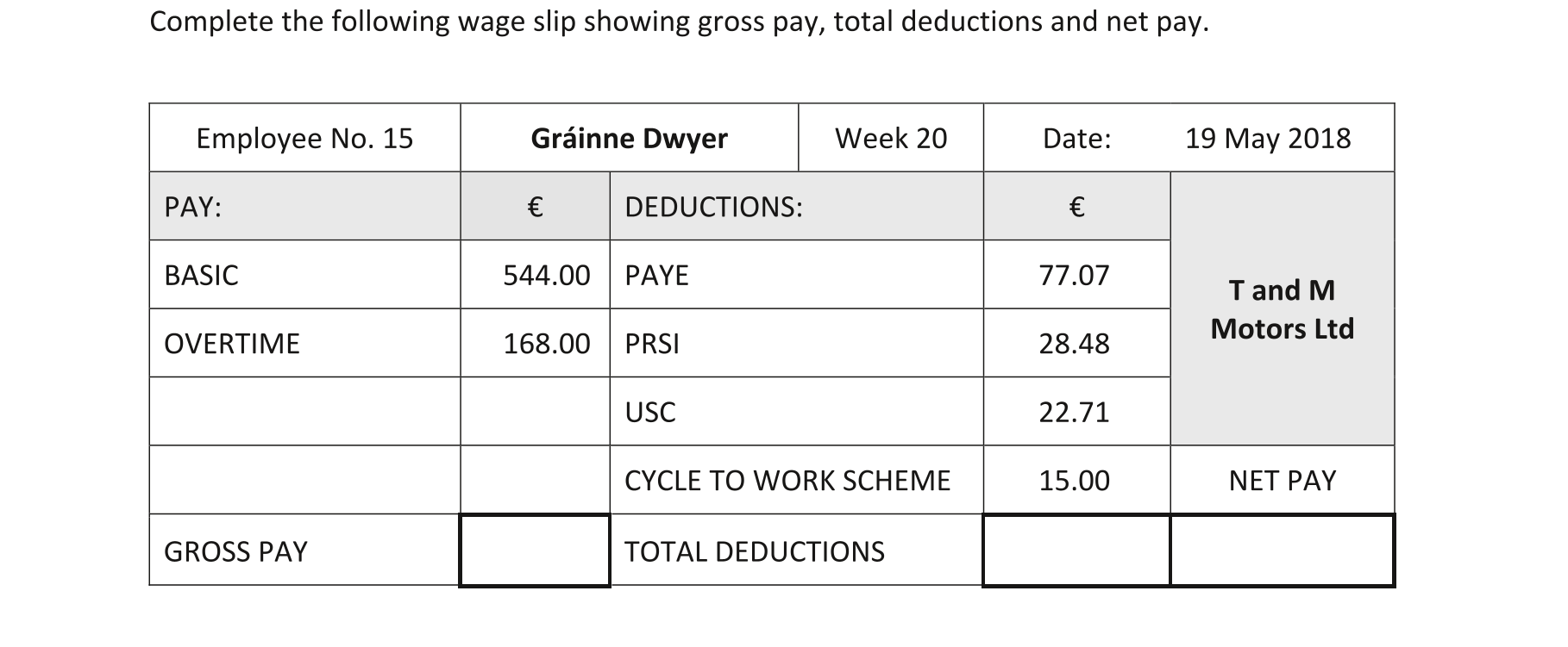 Complete-the-following-wage-slip-showing-gross-pay,-total-deductions-and-net-pay-Junior Cycle Business Studies-Question 13-2019.png