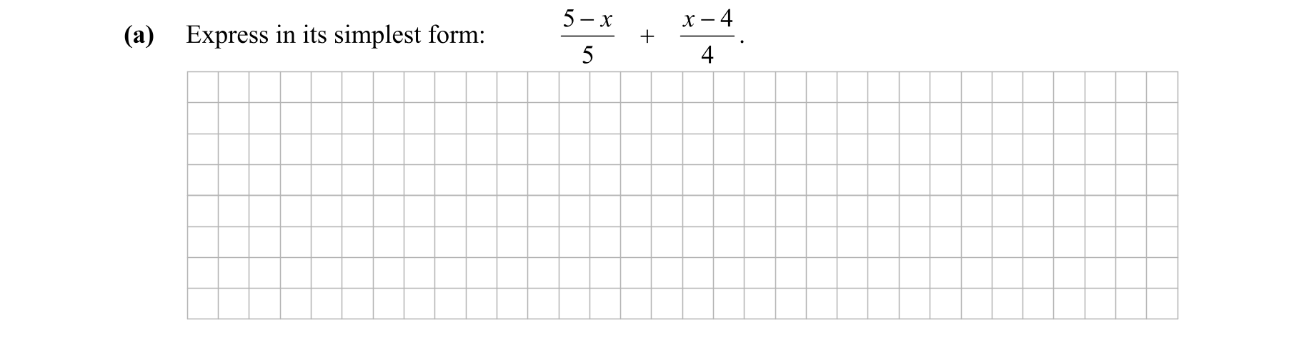 Express-in-its-simplest-form:--$$\frac{5-x}{5}-+-\frac{x-4}{4}$$-Junior Cycle Mathematics-Question (a)-2013.png