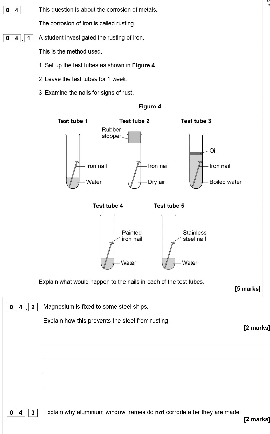 GCSE AQA Chemistry Reactivity of Metals: This question is about the corro