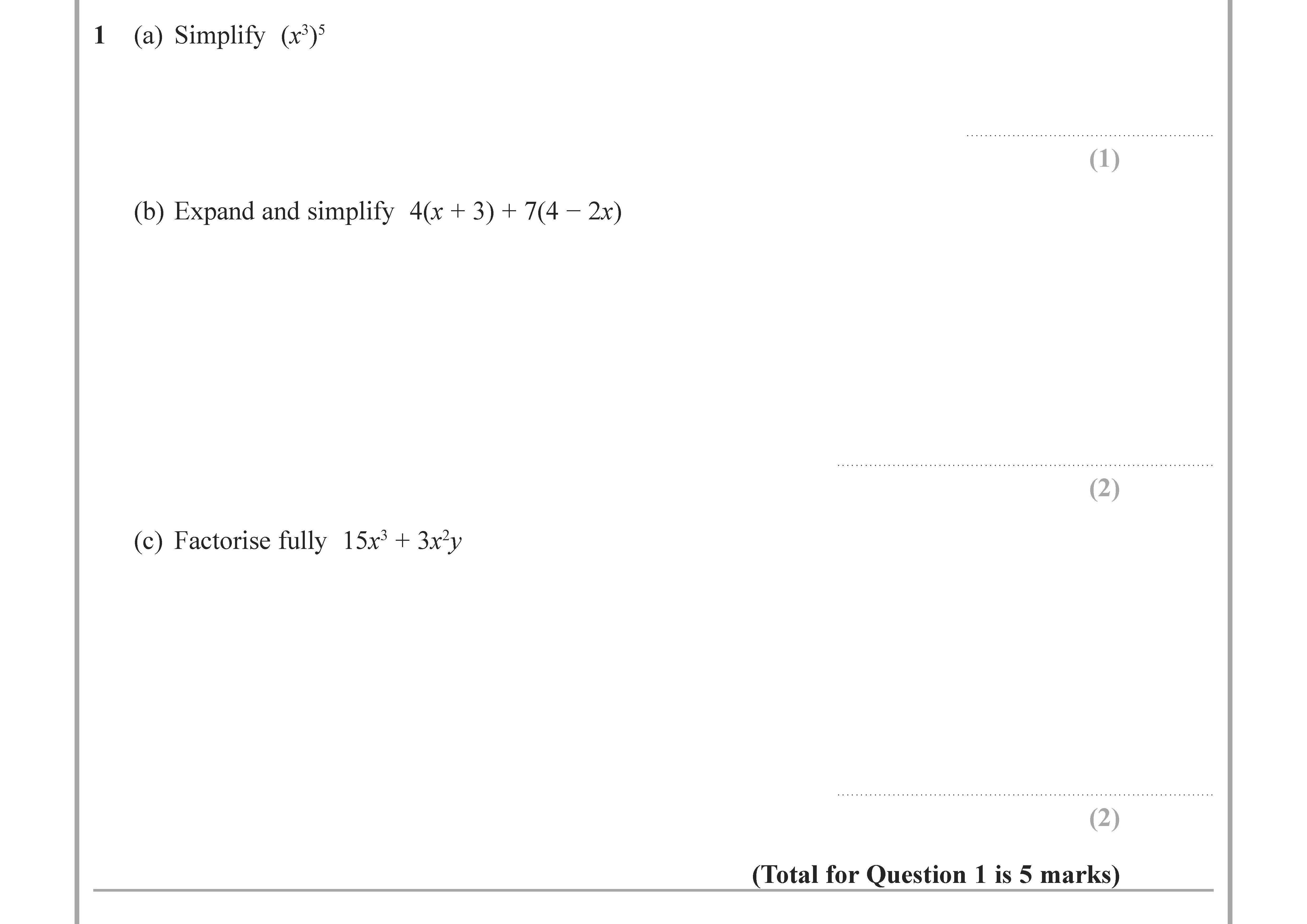 (a)-Simplify--$(xy)^y$--(b)-Expand-and-simplify--$4(x-+-3)-+-7(4---2x)$--(c)-Factorise-fully--$15x^2-+-3xy$-Edexcel-GCSE Maths-Question 4-2022-Paper 2.png
