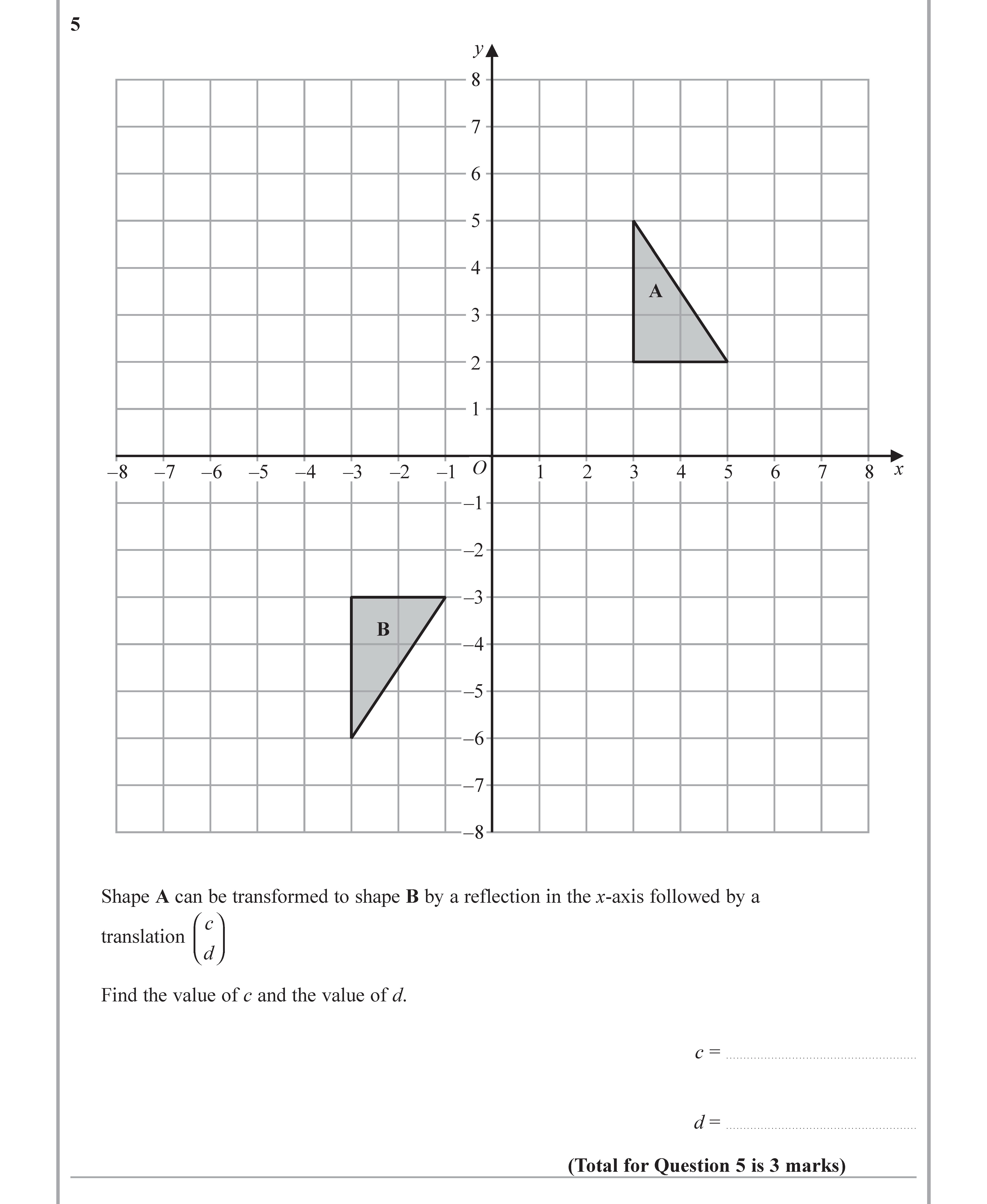 Shape-A-can-be-transformed-to-shape-B-by-a-reflection-in-the-x-axis-followed-by-a-translation--Find-the-value-of-c-and-the-value-of-d.-Edexcel-GCSE Maths-Question 6-2019-Paper 1.png