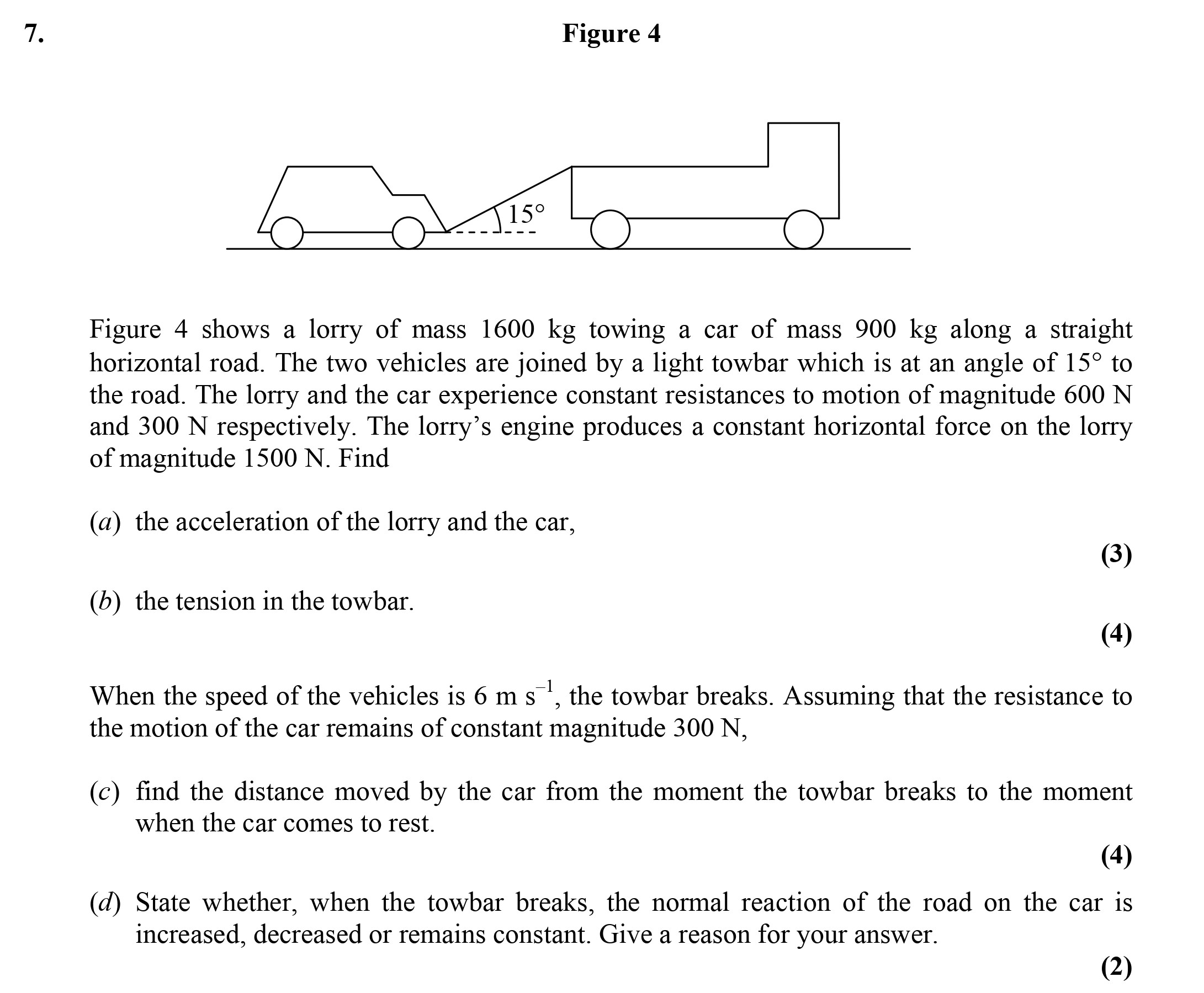 Figure-4-shows-a-lorry-of-mass-1600-kg-towing-a-car-of-mass-900-kg-along-a-straight-horizontal-road-Edexcel-A-Level Maths Mechanics-Question 7-2005-Paper 1.png