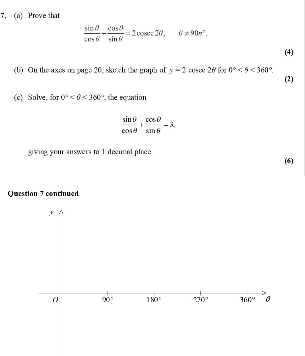 7.-(a)-Prove-that---$$\frac{\sin-\theta-\cdot-\cos-\theta}{\cos^2-\theta}-+-\frac{\sin-\theta}{\sin-\theta}-=-2-\csc-2\theta,-\quad-\theta-\neq-90^{\circ}.$$----(b)-On-the-axes-on-page-20,-sketch-the-graph-of---$$y-=-2-\csc-2\theta$$---for-$0^{\circ}-<-\theta-<-360^{\circ}$-Edexcel-A-Level Maths Pure-Question 7-2007-Paper 5.png