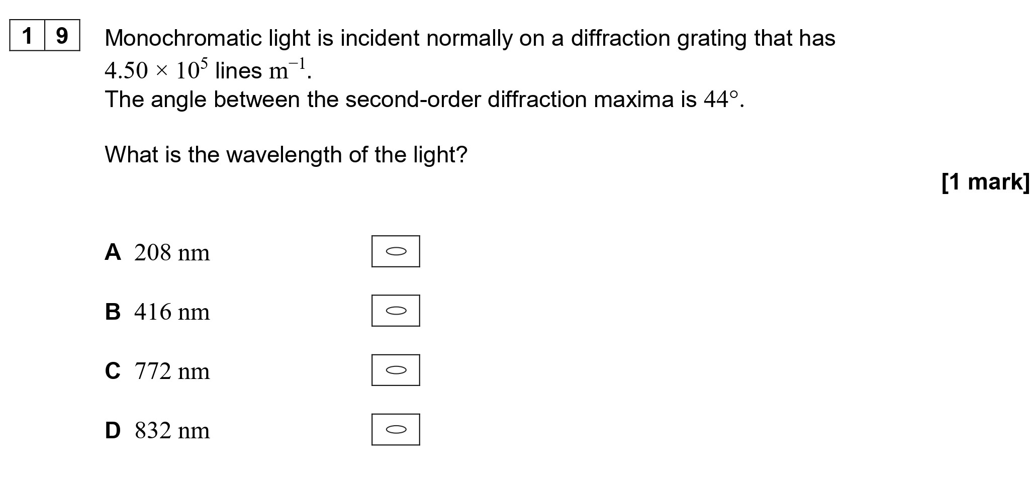 Monochromatic-light-is-incident-normally-on-a-diffraction-grating-that-has-4.50-x-10^6-lines-m^-1-AQA-A-Level Physics-Question 19-2020-Paper 1.png