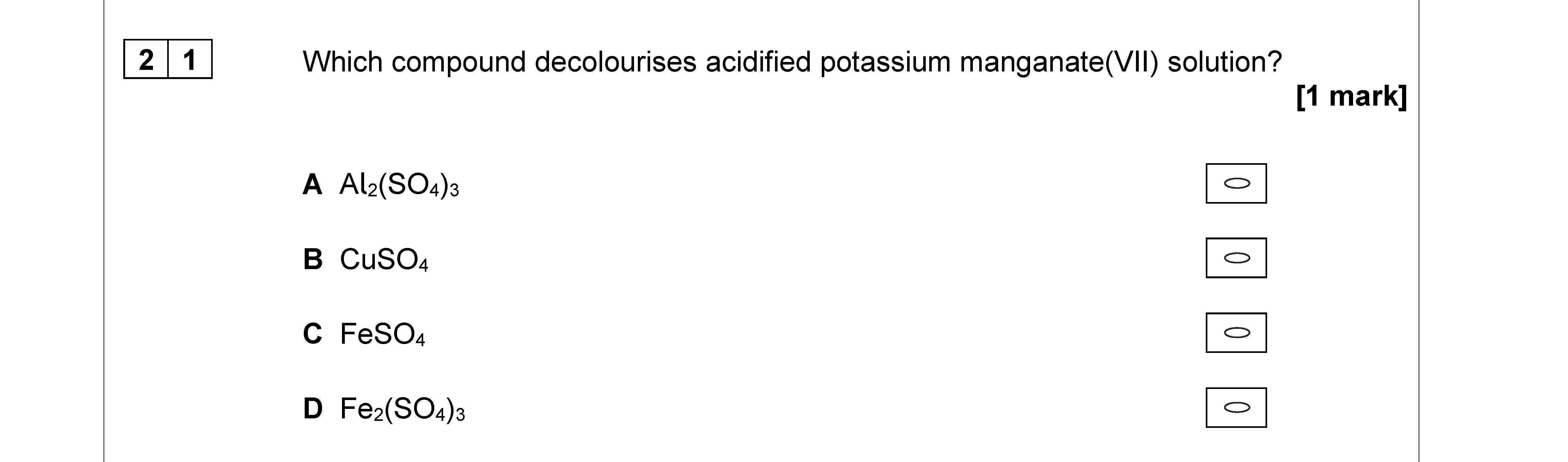 Which-compound-decolorises-acidified-potassium-manganate(VII)-solution?--A-AQA-A-Level Chemistry-Question 21-2020-Paper 3.png