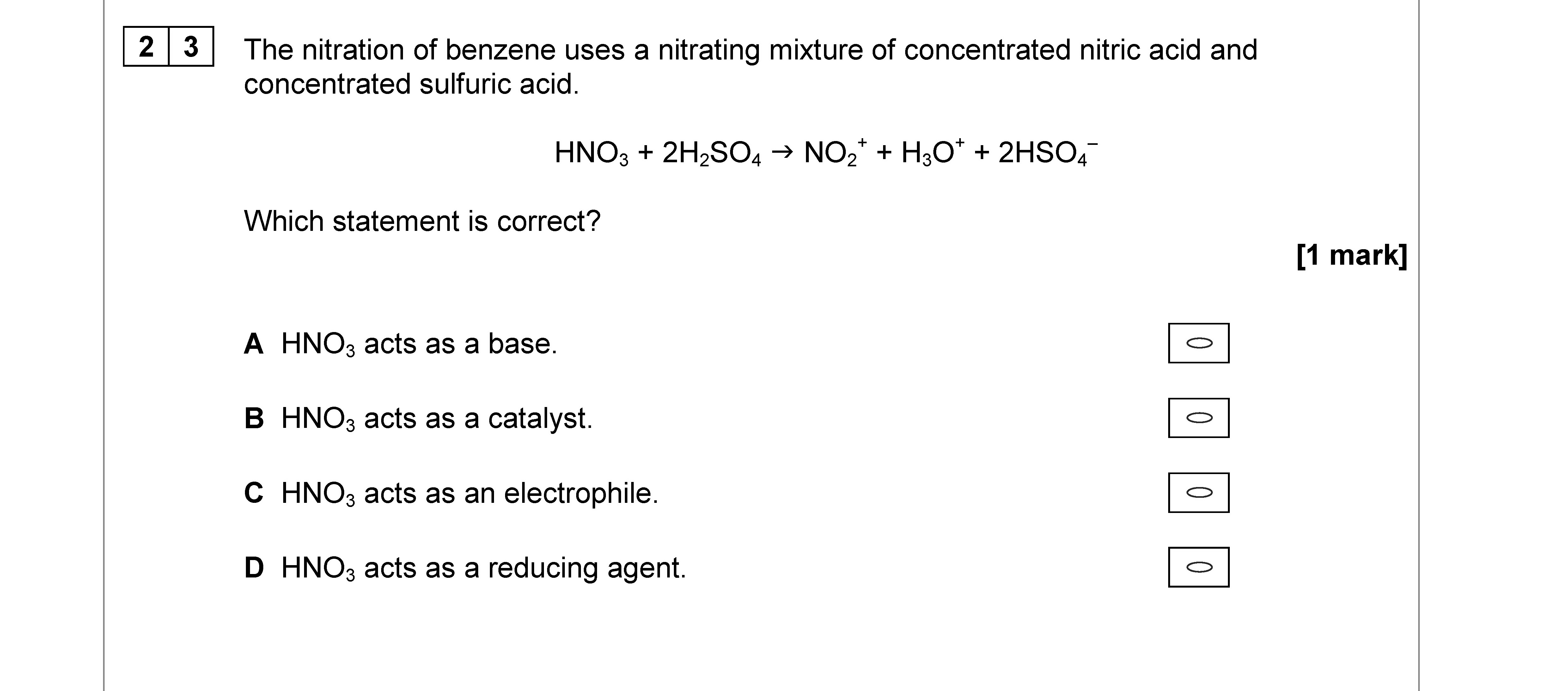 The-nitration-of-benzene-uses-a-nitrating-mixture-of-concentrated-nitric-acid-and-concentrated-sulfuric-acid-AQA-A-Level Chemistry-Question 23-2018-Paper 3.png