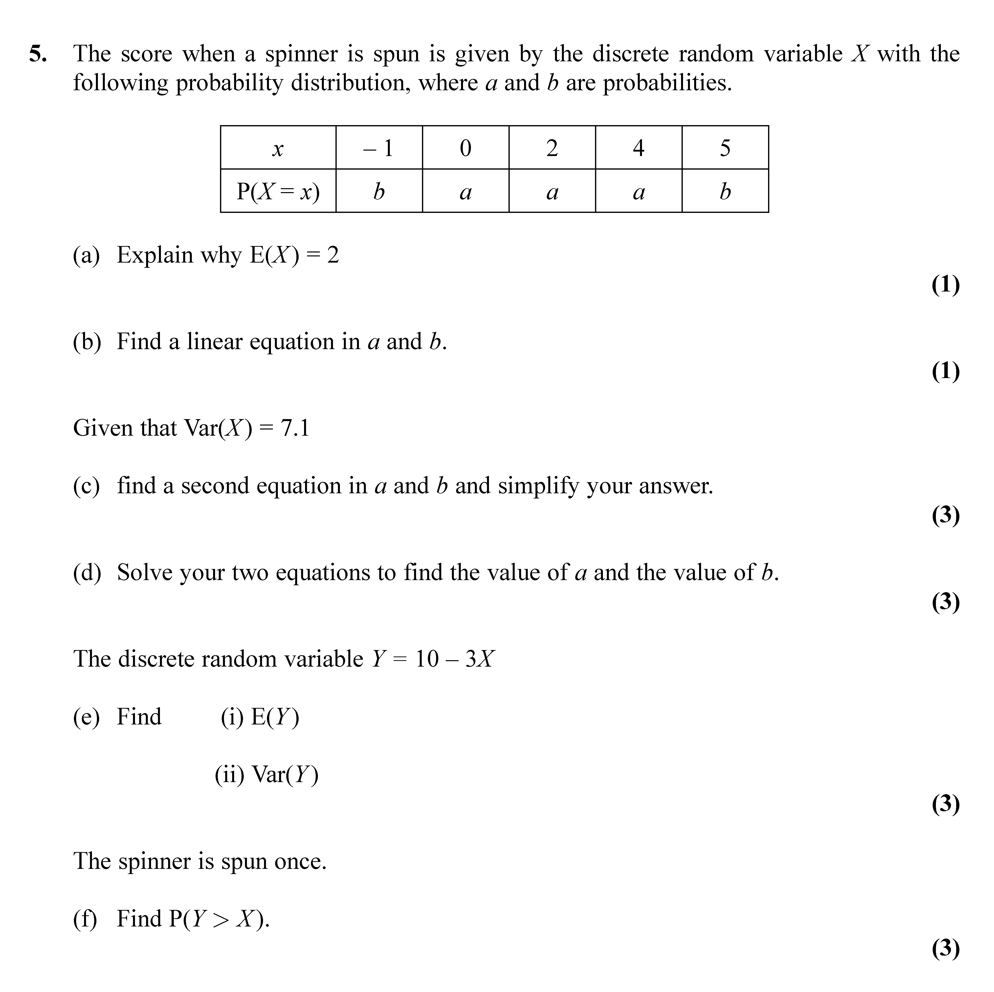 The-score-when-a-spinner-is-spun-is-given-by-the-discrete-random-variable-X-with-the-following-probability-distribution,-where-a-and-b-are-probabilities-Edexcel-A-Level Maths Statistics-Question 5-2018-Paper 1.png