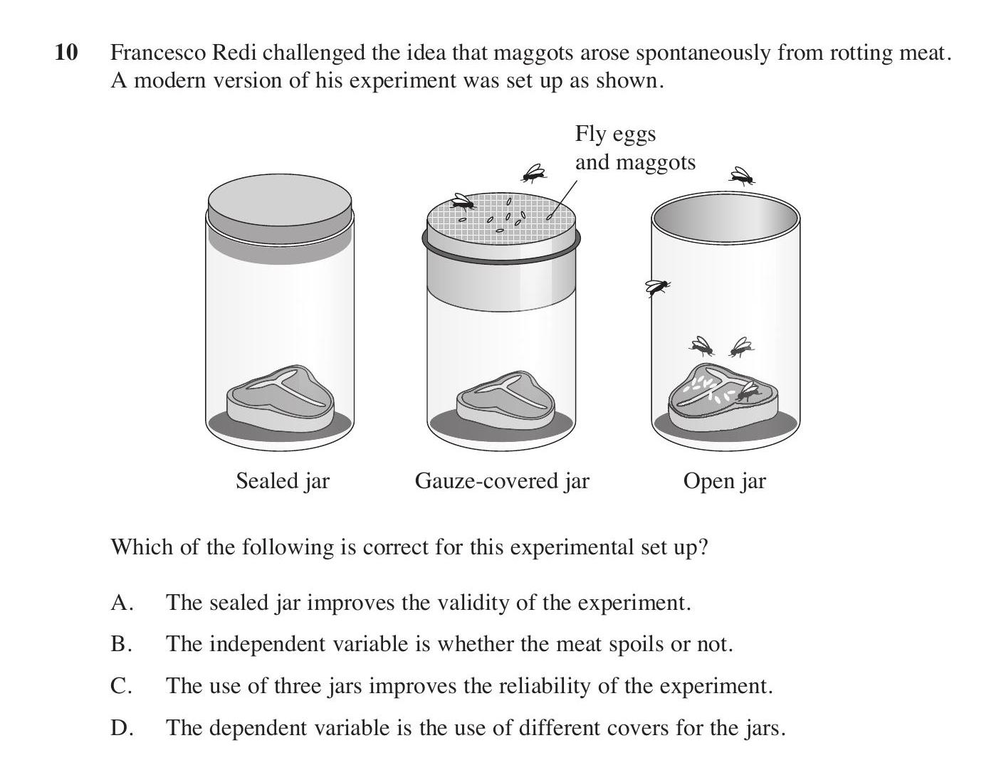 Francesco-Redi-challenged-the-idea-that-maggots-arose-spontaneously-from-rotting-meat-HSC-SSCE Biology-Question 10-2020-Paper 1.png