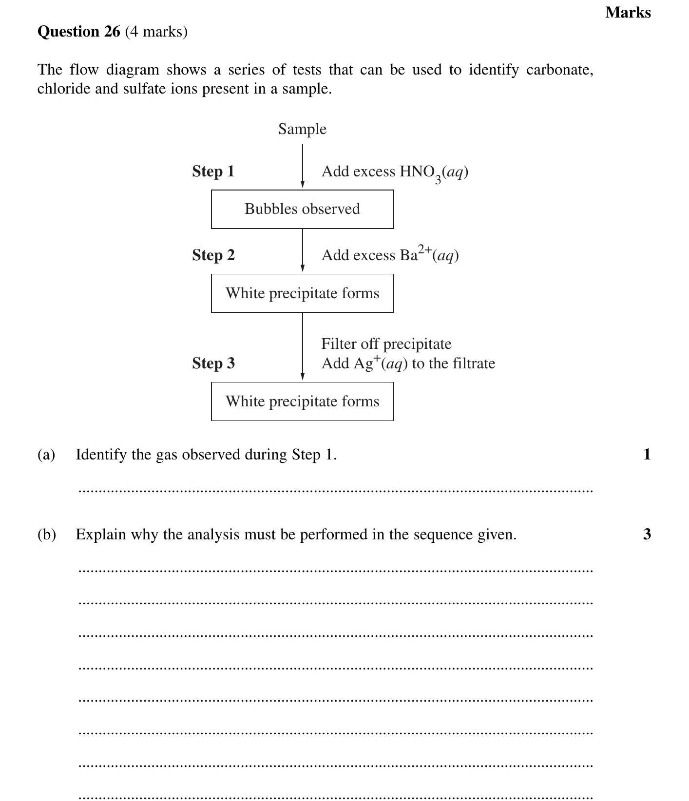 The-flow-diagram-shows-a-series-of-tests-that-can-be-used-to-identify-carbonate,-chloride-and-sulfate-ions-present-in-a-sample-HSC-SSCE Chemistry-Question 26-2006-Paper 1.png