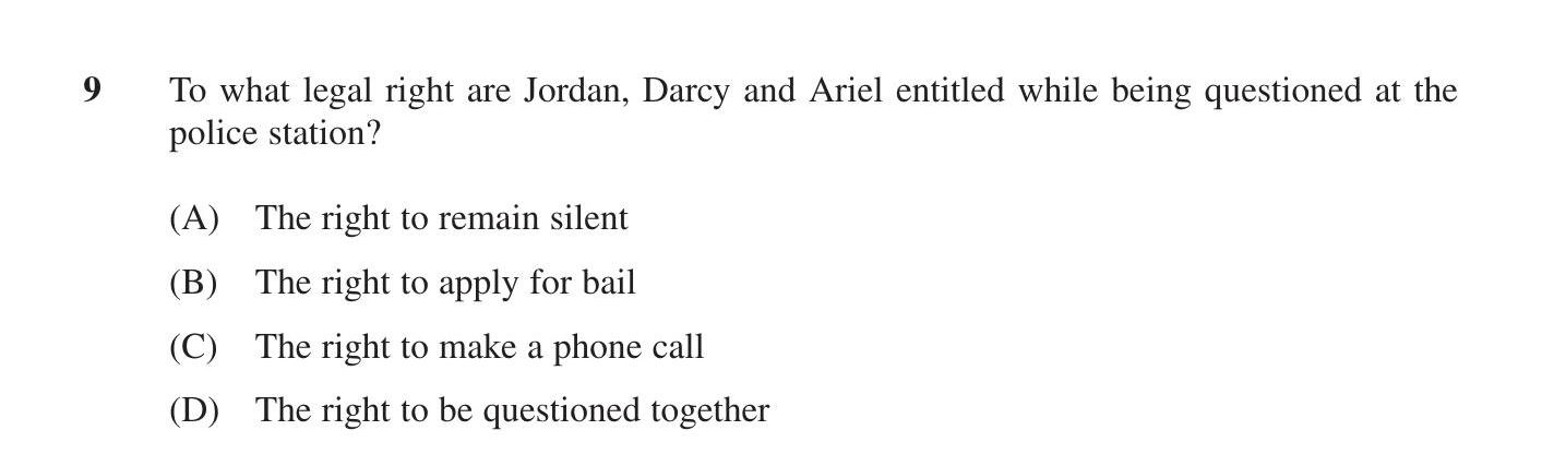To-what-legal-right-are-Jordan,-Darcy-and-Ariel-entitled-while-being-questioned-at-the-police-station?--(A)-The-right-to-remain-silent-(B)-The-right-to-apply-for-bail-(C)-The-right-to-make-a-phone-call-(D)-The-right-to-be-questioned-together-HSC-SSCE Legal Studies-Question 9-2012-Paper 1.png