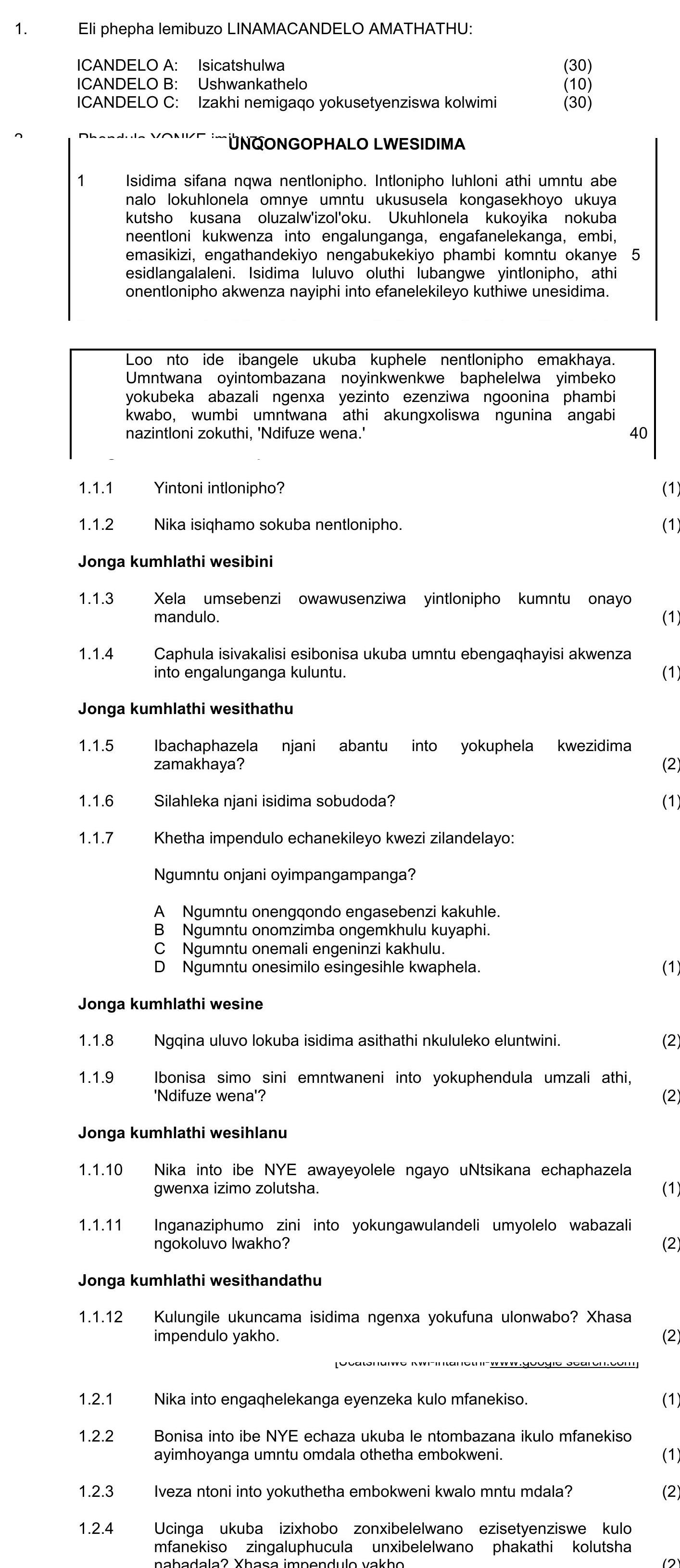 1.1.-Isidima-sifana-nqwa-nentlonipho-NSC IsiXhosa HL-Question 1-2016-Paper 1.png