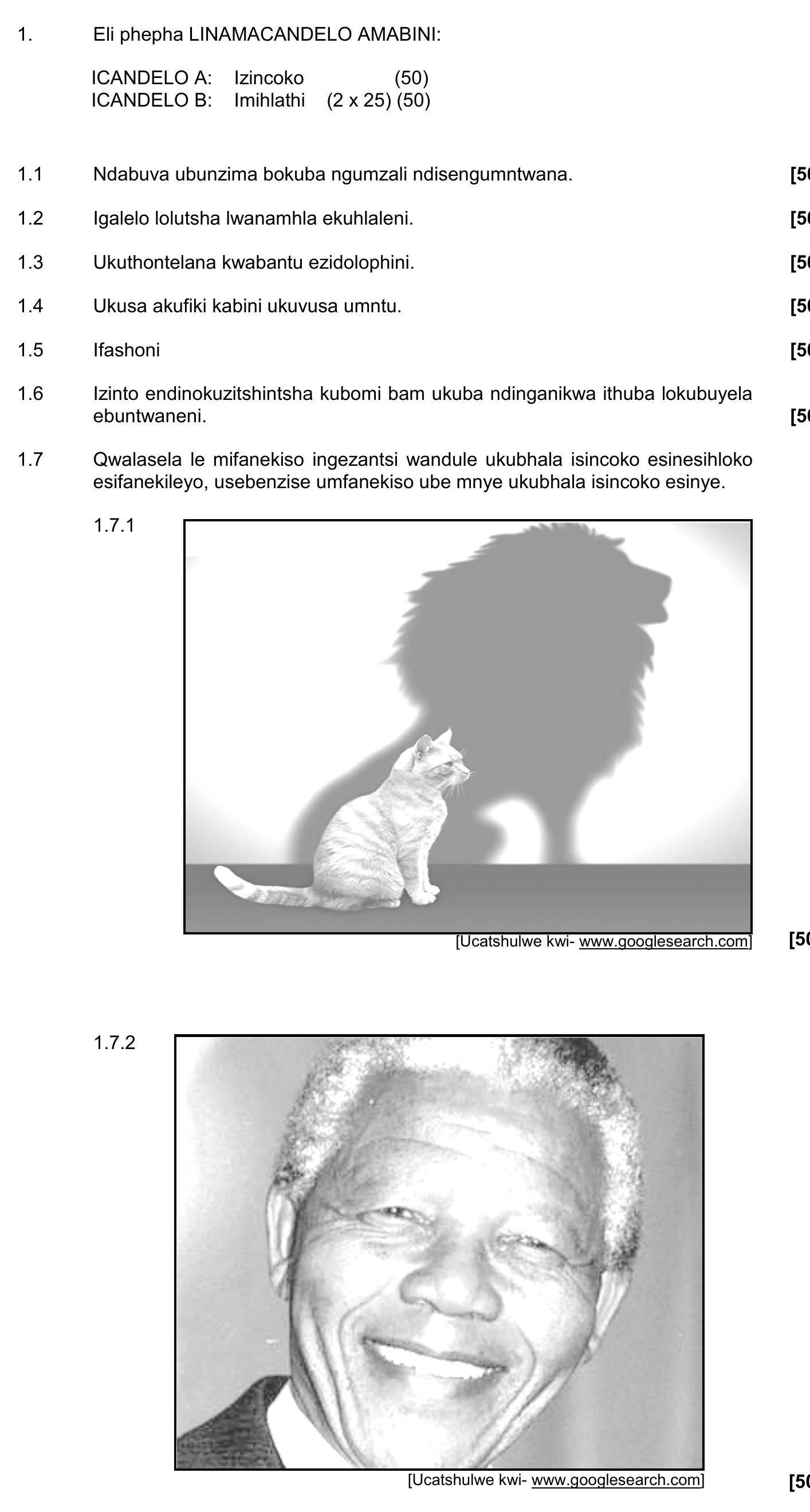 Eli-phepha-LINAMACANDELO-AMABIN:--ICANDELO-A:-Izincoko-(50)-ICANDELO-B:-Imihlathi-(2-x-25)-(50)--1.1-Ndabula-ubunzima-bokuba-nguzimali-ndingemuntwana-NSC IsiXhosa HL-Question 1-2018-Paper 3.png
