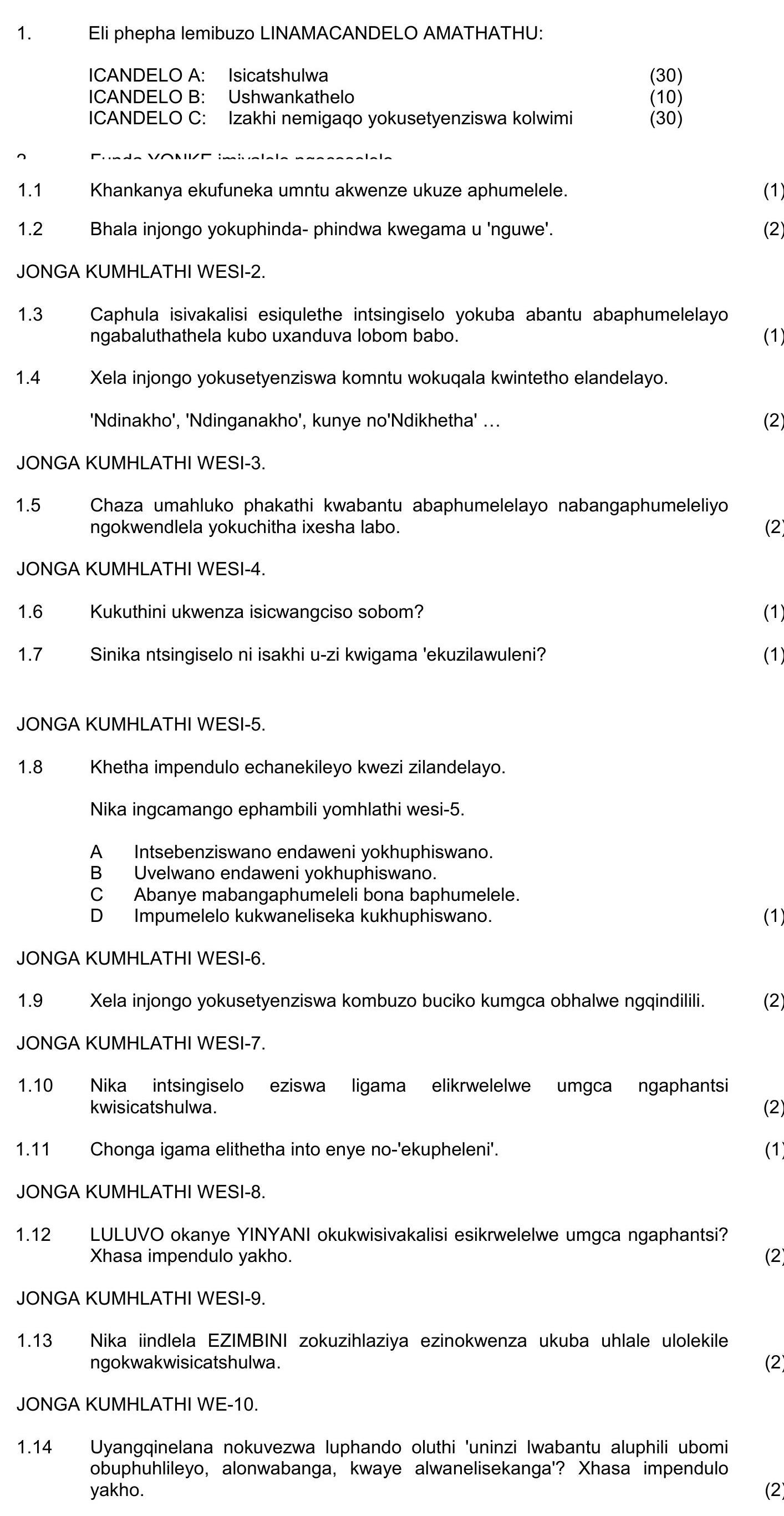 Eli-phepha-le-mibuzo-LINAMACANDELO-AMATHATHU:--ICANDELO-A:-Isicatshulwa-(30)-ICANDELO-B:-Ushwanthalo-(10)-ICANDELO-C:-Izakhi-nemigwaqo-yokusetshenziswa-kolwimi-(30)--2--Funda-YONKE-imishwana-NSC IsiXhosa HL-Question 1-2018-Paper 1.png