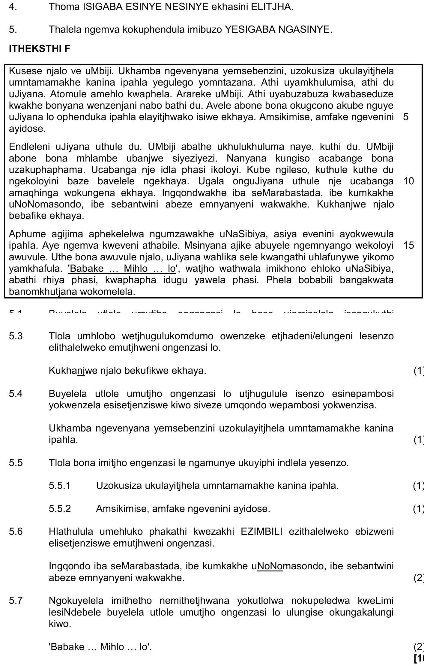 5.-Thalela-imizwa-yokuphendula-imibuzo-YESIGABA-NGASINYENE-NSC IsiXhosa HL-Question 5-2019-Paper 1.png