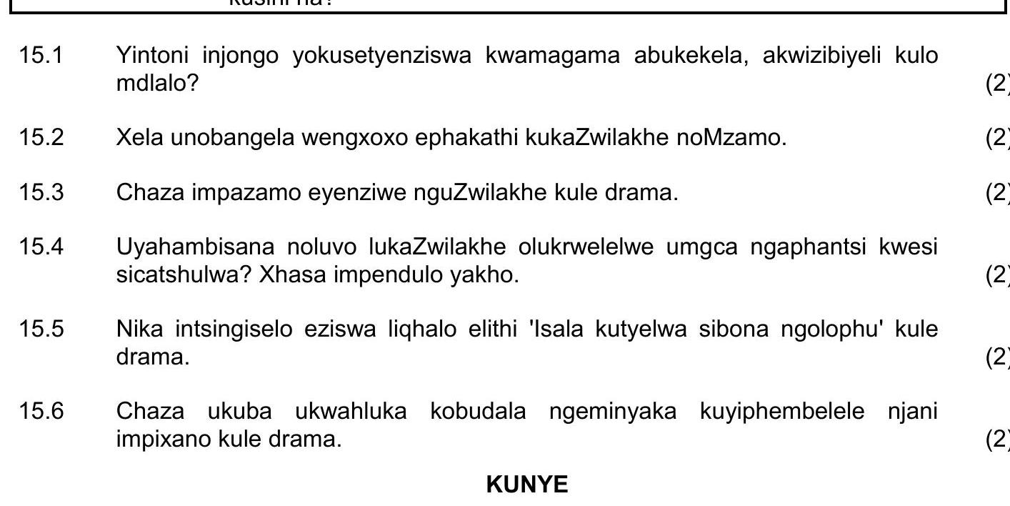 15.1-Yintoni-injongo-yokusetshenziswa-kwamagama-abukekela,-akwizibiyeli-kule-mdlalo?---15.2-Xela-unombango-we-ngxoxo-ephakathi-kukaZwilakhe-noMzamo-NSC IsiXhosa HL-Question 15-2019-Paper 2.png