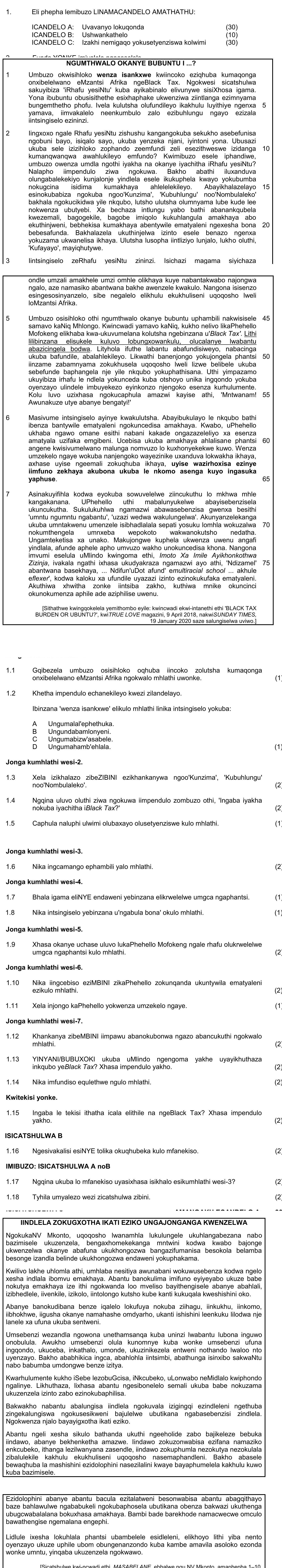 Eli-phepha-lemibuzo-LINAMACANDELO-AMATHATHU:--ICANDELO-A:-Uvumanyo-locqunda-(30)-ICANDELO-B:-Ushwantulethe-(10)-ICANDELO-C:-Iztakhi-neminagq-yokusetenziswa-kolwimi-NSC IsiXhosa HL-Question 1-2021-Paper 1.png
